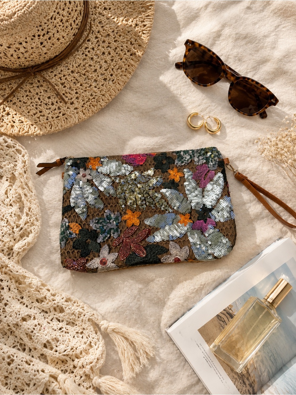 Sequin Floral Wristlet Clutch - Multicolor